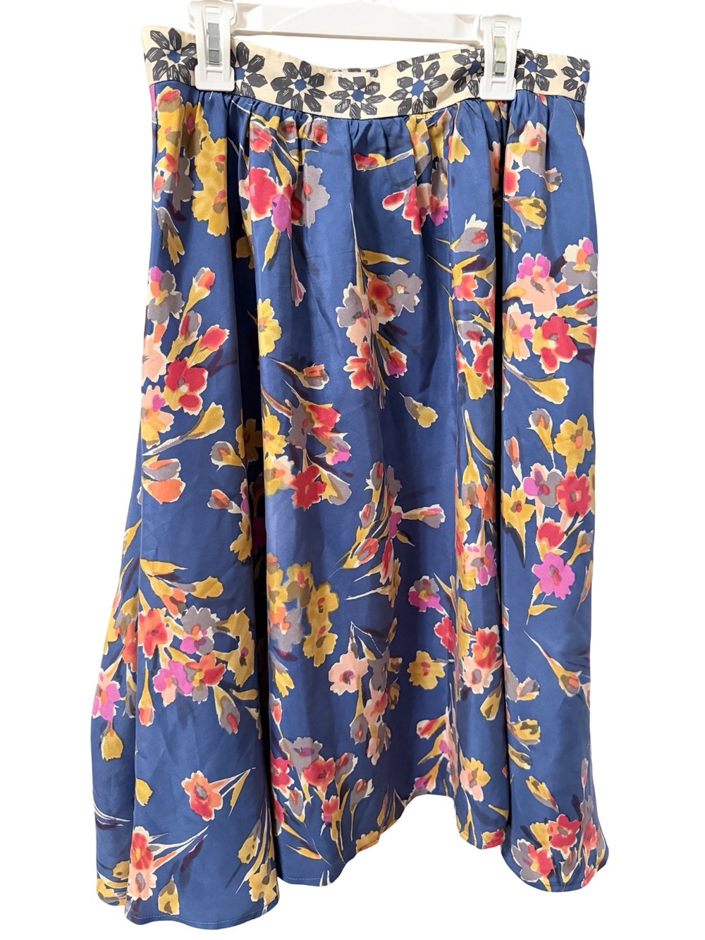 Anthropologie Brand Floral Blue Midi Silk Skirt with Pink & Yellow Blooms